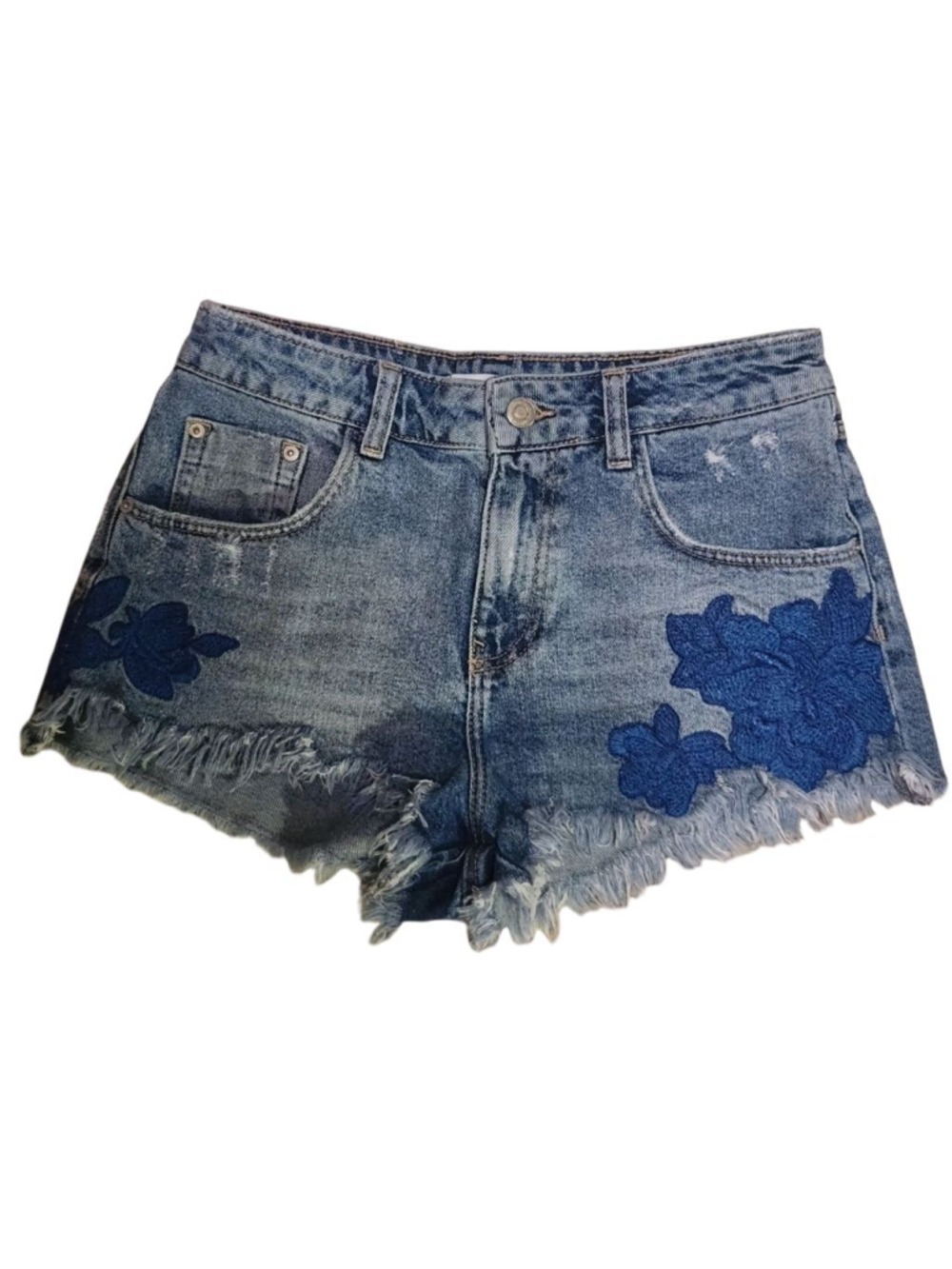 Vintage Y2K Zara Trafaluc Jean Shorts 2 Blue Floral Embroidered Detail Boho